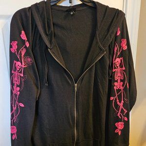 Torrid Super Soft Gray and Pink Skeleton Fleece Hoodie